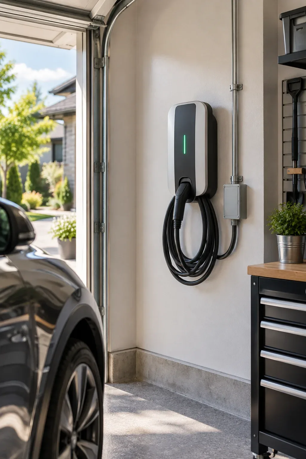 Electrician installing EV charger in Stoney Creek garage